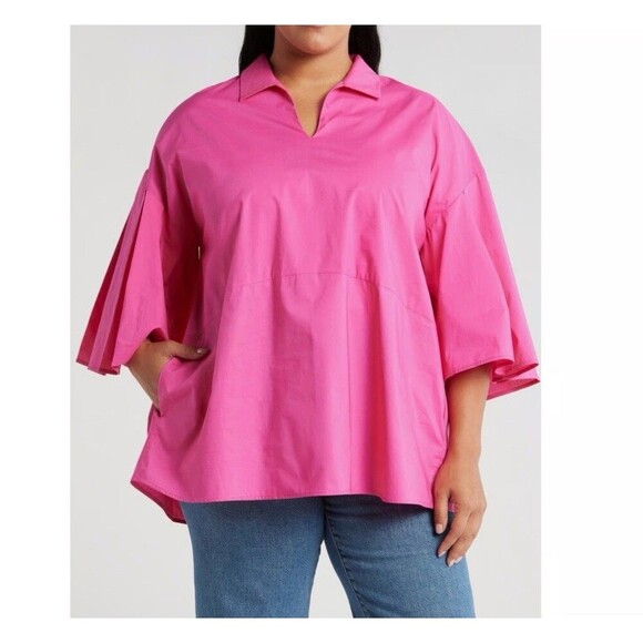 New Harshman Maureen Tunic Cotton Poplin Top Women Large Fuchsia Oversized VNeck - Picture 1 of 9